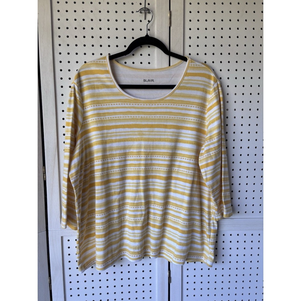 Blair 3/4 SLV Yellow White Stripe Women's XL Cotton Poly Tee Shirt